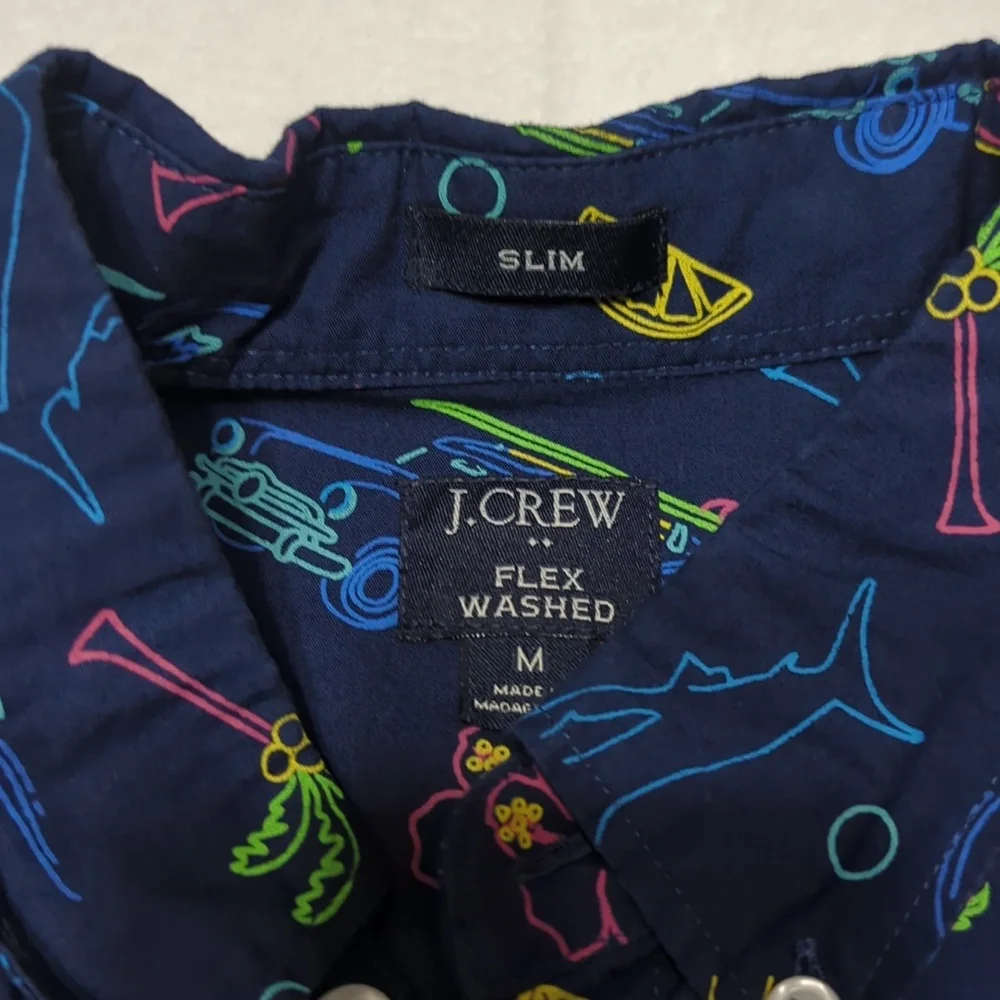 J. Crew Flex Washed Slim Fit Beach Themed Short Sleeve Mens‎ Shirt Size Medium